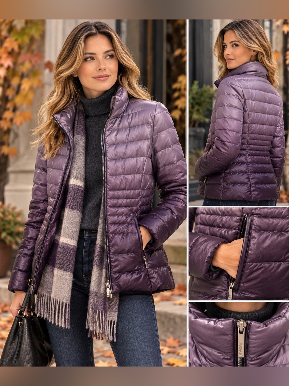 Kensie Shiny Plum Ombré  Quilted Down Filled Puffer Jacket